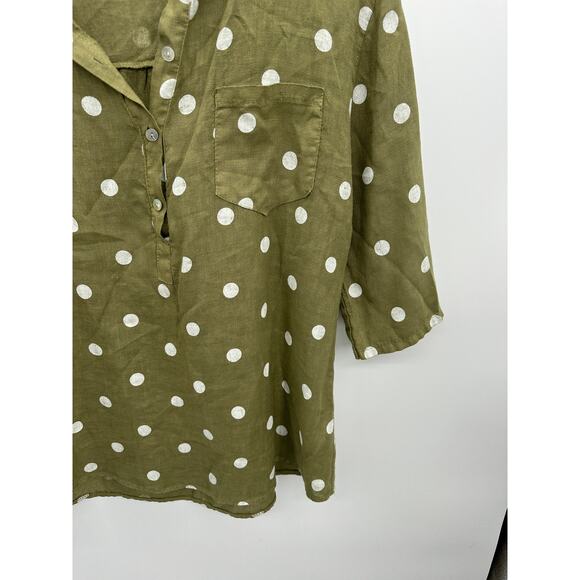 Lands Downunder Tunic Women Medium Green Polka Dot Linen Italy 3/4 Sleeve - Picture 3 of 7
